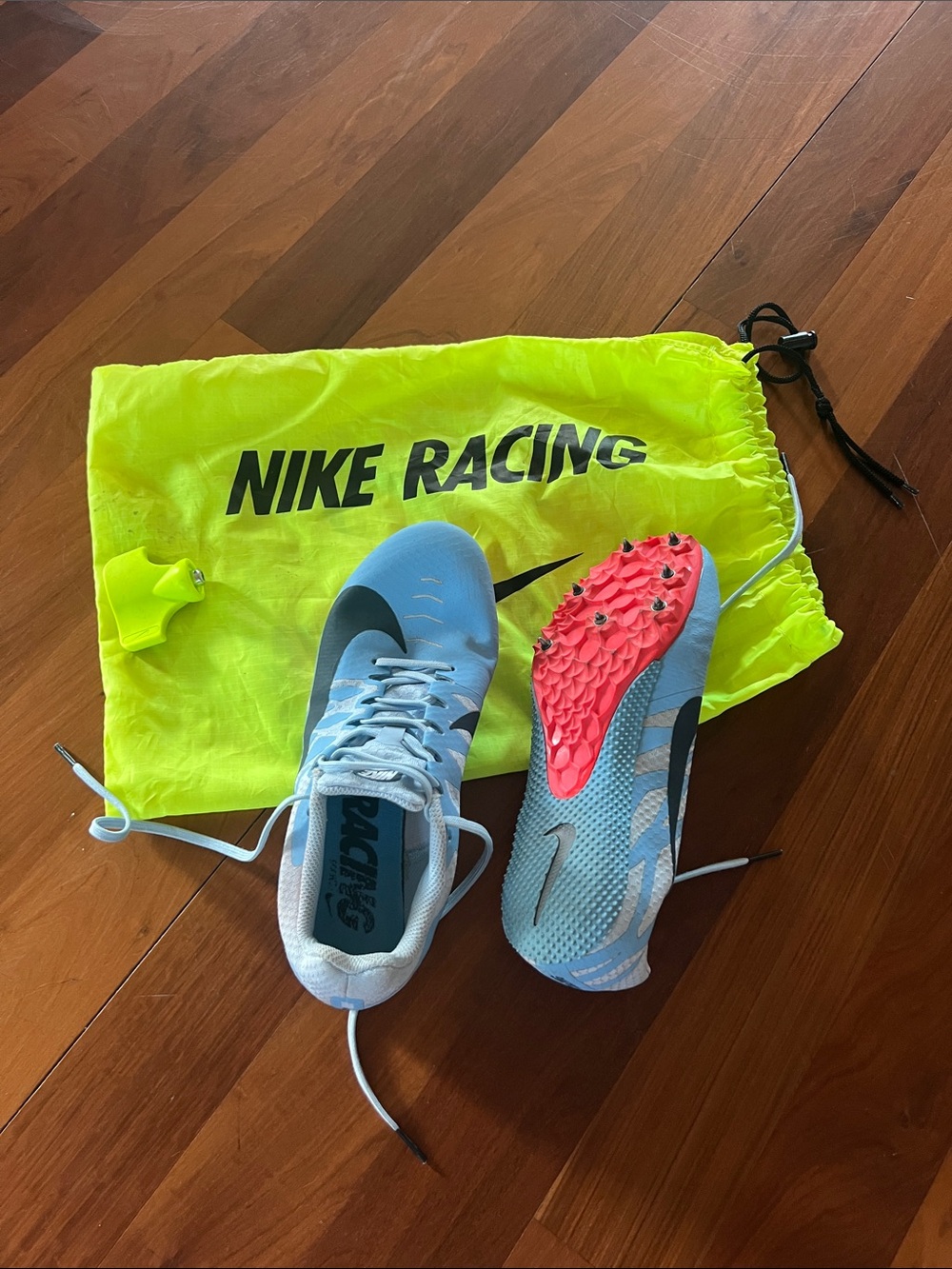 Nike Light Blue Track Spikes with Neon Yellow Drawstring Bag